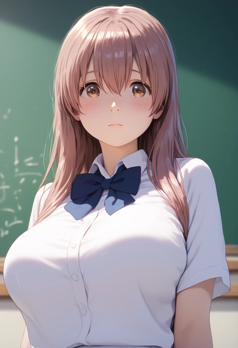 score_9,score_8_up,score_7_up,masterpiece,best quality, source anime, (photorealistic:0.4), hyperrealistic, 8k,photo,raw,super detailed, extreme detailed, rating_explicit, 
BREAK girl, shouko nishimiya, 18yo, long hair, pink brown hair, bangs between eyes, brown eyes, (large breasts:1.3),
shiny hair, beautiful detailed eyes, beautiful face, below average
(embarrassed:0.3), blush,medium shot
BREAK school white shirt, short sleeves, bare breasts,, blue bowtie,