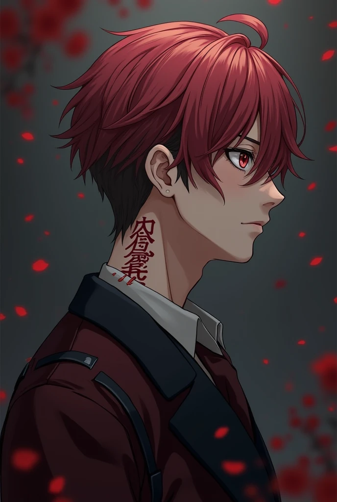 Young boy with handsome face, short red hair, Japanese haircut, gray eyes, long eyelashes, black collar, Japanese schoolboy outfit, behind broken glass, red liquid, sad expression, ultra-detailed, in shadow, scar, alone, demon shadow looming on wall.