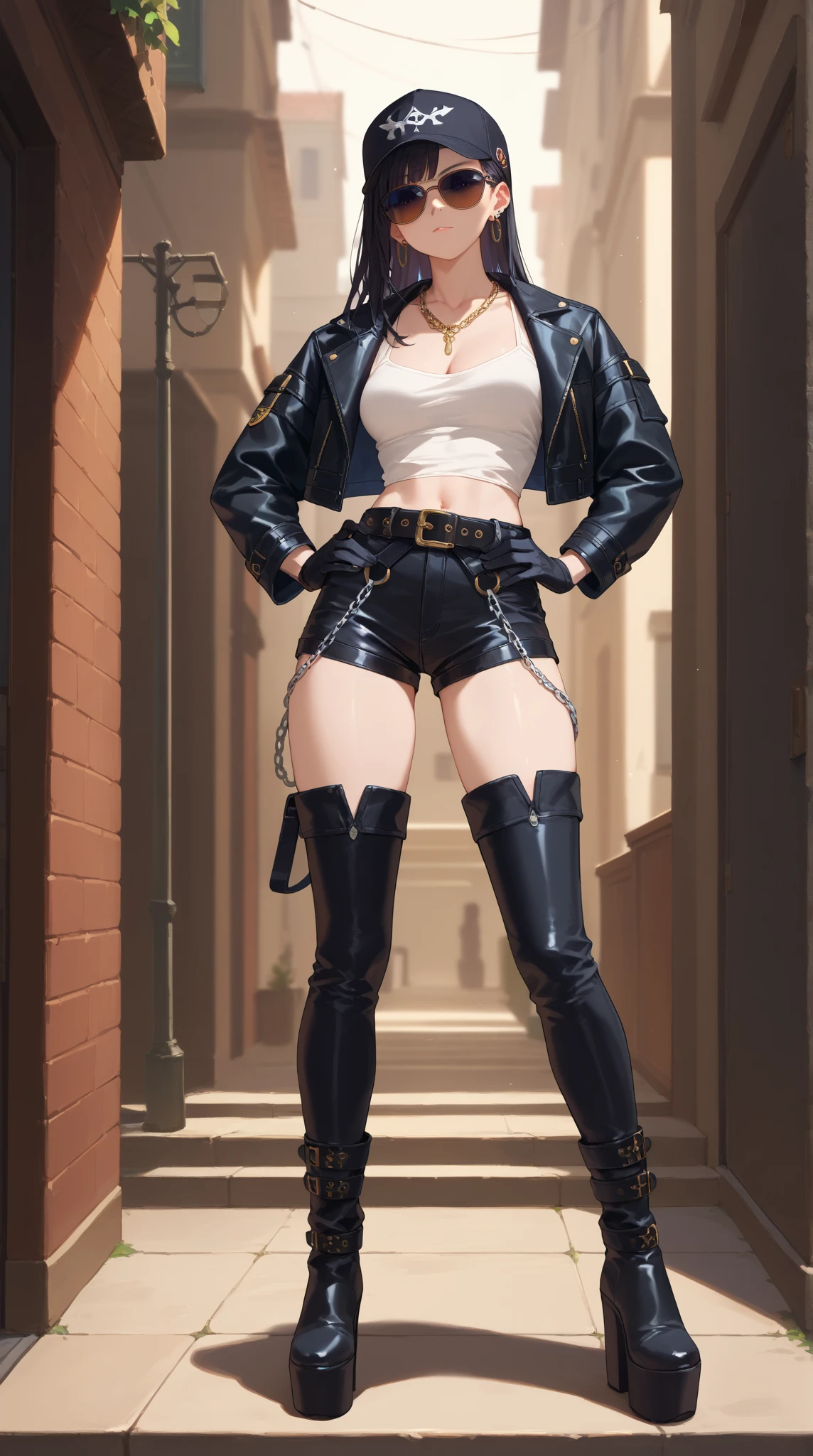  extra long platform thigh-high boots　Full body painting　cap black short leather jacket　 necklace　 black leather hotpants 　 thick belt　Black gloves　 necklace　 large belt buckle　Tall, long-legged woman　Chain wallet 　 long black hair 　 sunglasses　Hands on hips　earring single