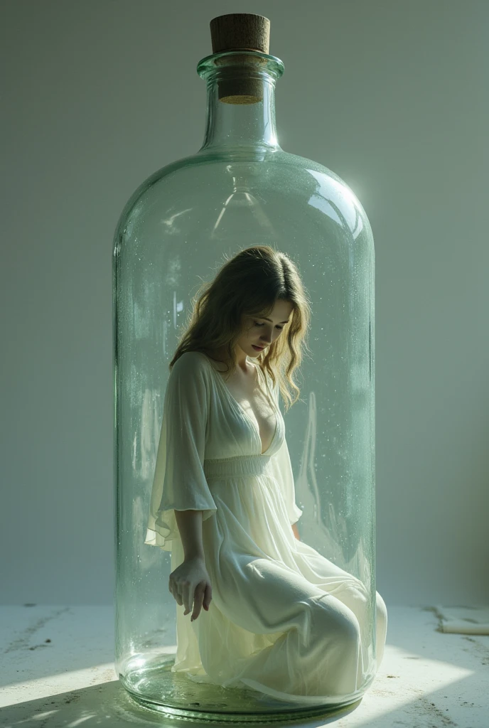 21 yaers old, woman  kneeling inside a glass bottle、 Super realistic, Hyper Detailed, Dramatic Lighting, 4K