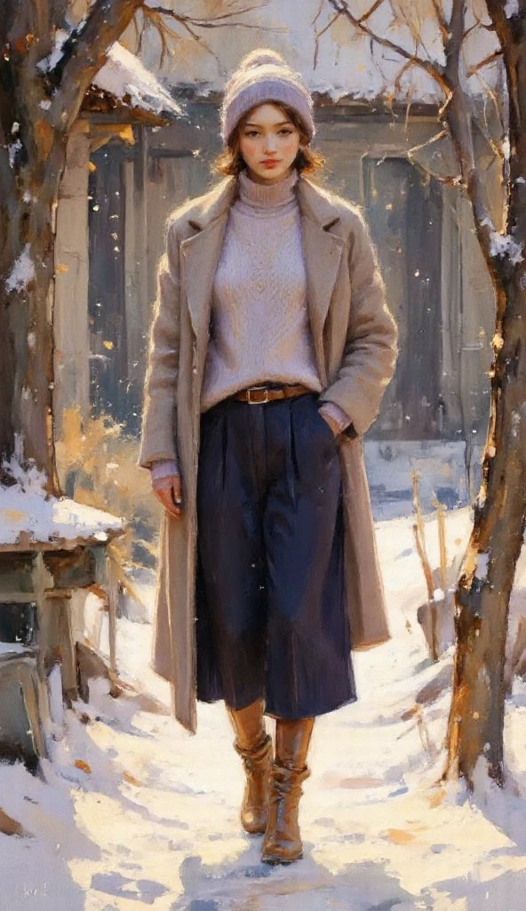 A highly detailed full-body fashion illustration of a young woman standing confidently in a snowy village. She is dressed in a cozy turtleneck sweater in soft pastel lavender with intricate cable knit patterns, tucked into a sleek high-waisted pleated midi skirt in deep navy. The outfit is paired with knee-high leather boots, a belted wool coat, and a chunky knit scarf. She accessorizes with leather gloves and a beanie with a fluffy pom-pom. The soft, golden lighting enhances the textures of the fabrics while highlighting her serene expression and the details of the snow-dusted environment.

