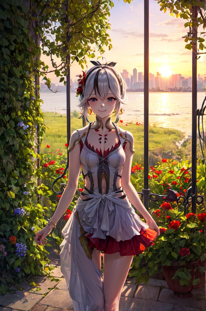 ((HDR , masterpiece , high quality , ultra details , best quality)) , standing , camellya , skirt , garden , sunset , red flowers , smile
