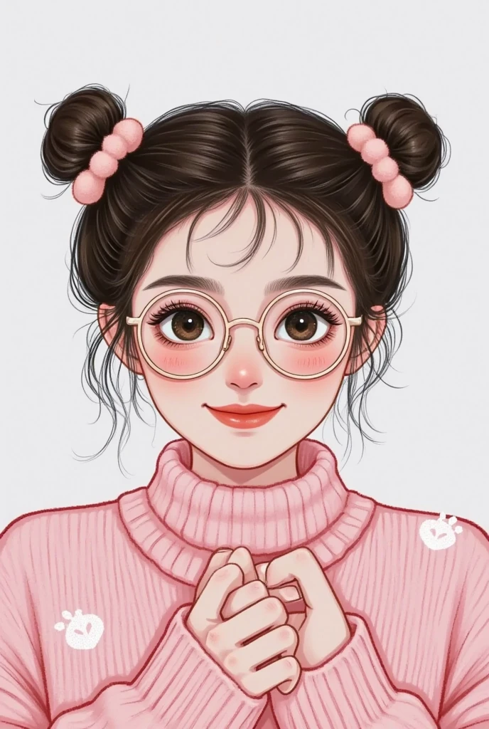 girl with glasses，Double bun， cute， turtleneck，Selfie
