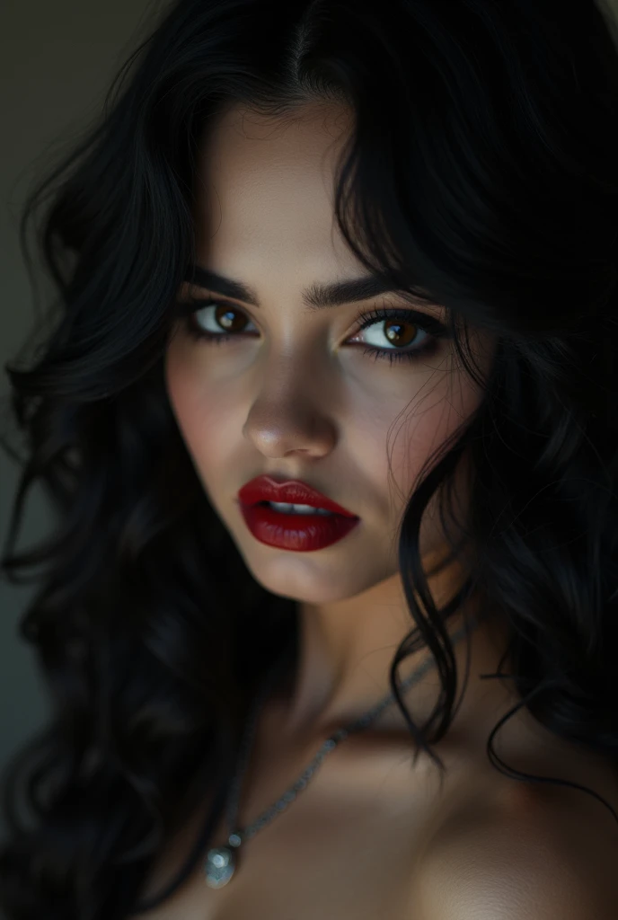 1girl, black eyes, black hair, breasts, brown eyes, cleavage, closed mouth, eyelashes, forehead, grey eyes, lips, long hair, looking at viewer, makeup, nose, photorealistic, realistic, red lips, solo, upper body