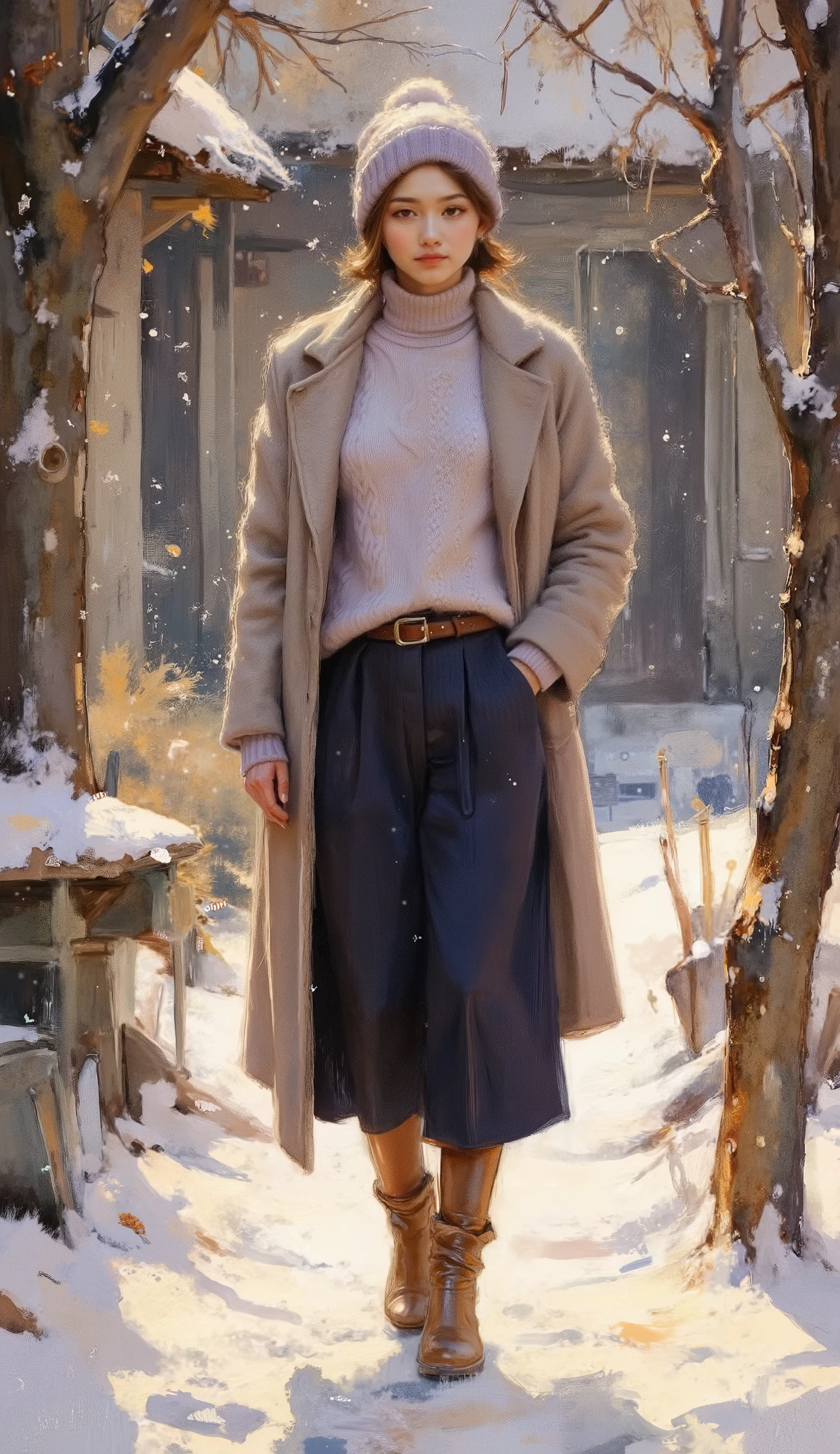 A highly detailed full-body fashion illustration of a young woman standing confidently in a snowy village. She is dressed in a cozy turtleneck sweater in soft pastel lavender with intricate cable knit patterns, tucked into a sleek high-waisted pleated midi skirt in deep navy. The outfit is paired with knee-high leather boots, a belted wool coat, and a chunky knit scarf. She accessorizes with leather gloves and a beanie with a fluffy pom-pom. The soft, golden lighting enhances the textures of the fabrics while highlighting her serene expression and the details of the snow-dusted environment.

