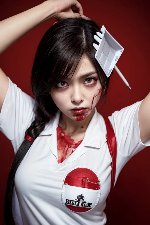 ((Blood)), ((Blood splatter)), ((Blood on clothes)), ((Blood stain)), hospital, ((Nurse uniform)), ((Have an electric chainsaw)), Absurd, RAW Photos, Very delicate and beautiful, masterpiece, highest quality, Ultra-high resolution, 32k, Surreal, Very detailed, Detailed Description, Pale skin, 20-year-old, Tearful mole, Earrings, Huge , Short Medium Hair, Wavy Hair, Wicked Smile, Full Body Shot,
