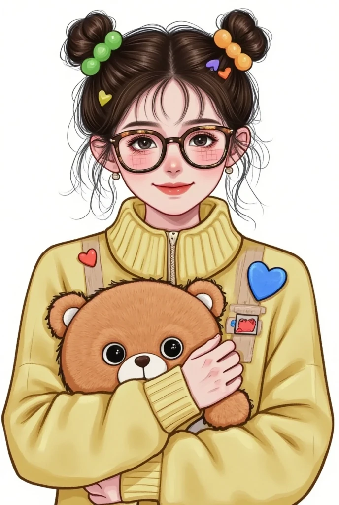 girl with glasses，Double bun， cute， turtleneck，Selfie，Holding a teddy bear
