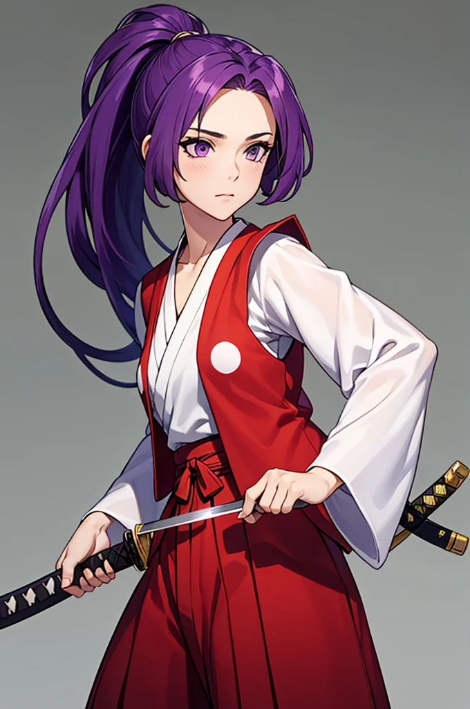 this is a picture of a girl dressed in a long gown with a sword, clean line drawings, ultra cute girl, ultra cute face, ultra detailed eyes, ultra detailed hair, ultra cute, ultra beautiful, ((high end)), (UHD picture), (best quality,4k,8k,highres,masterpiece:1.2), top-quality(​masterpiece), top-quality, ultra-detailed, highly detailed texture, intricate details, high quality textures, masterpiece, best quality, perfect quality, perfect anatomy, perfect body, perfect symmetrical face, perfect hands, perfect feet, (two arms:1.2), (two legs:1.2), (five fingers each:1.2), (perfect joint:1.2), perfect joint movement, precise fingers and hands, 1 beautiful girl, 1 girl, alone, solo, , , ((())), ((ish)), (Best Quality, hight resolution), extremely detailed and lifelike, Vibrant colors, simple background, very long hair, forehead visible bangs, hair flaps, purple hair, ponytail, well-formed face, purple eyes, japanese clothes, samurai, open vest, red vest, white kimono, long sleeves, wide sleeves, haori, long hakama, wide hemmed hakama, hakama pants, long trousers, sword, katana, holding katana, weapon