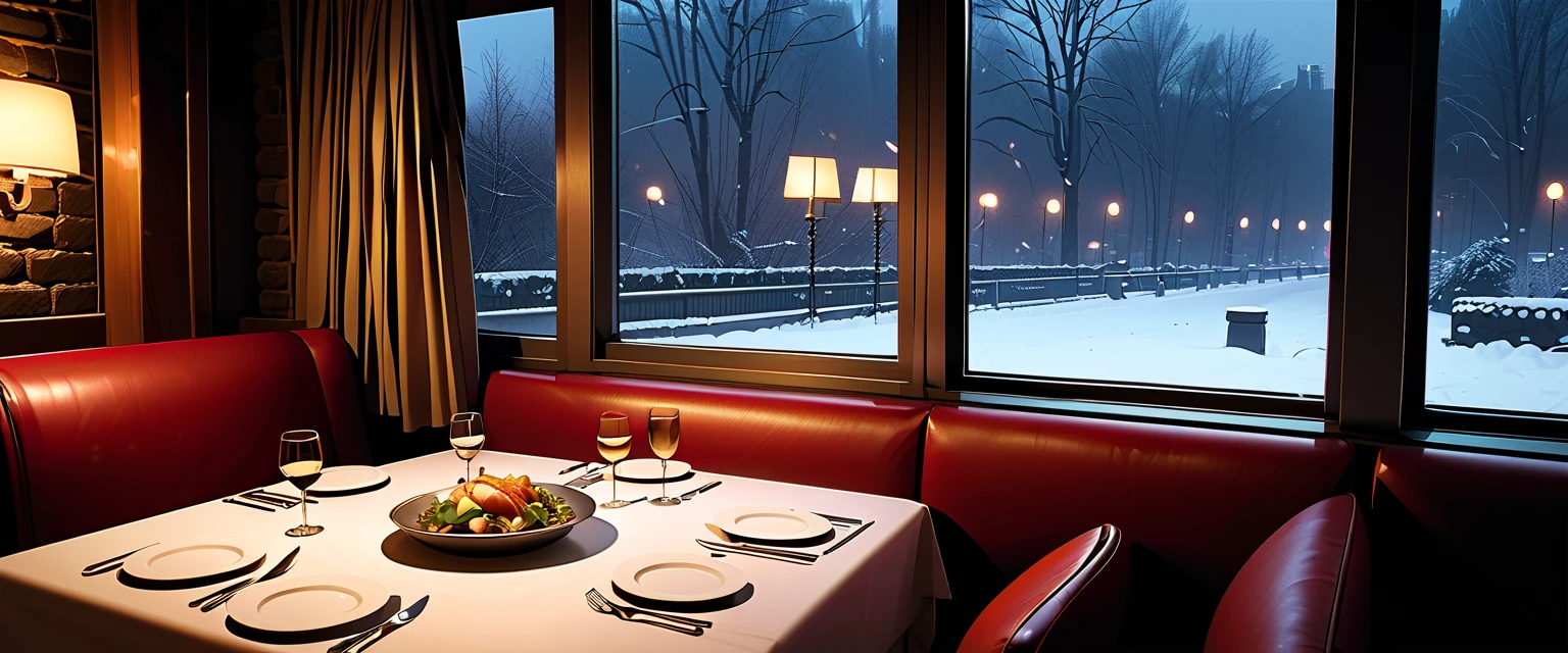   Fine Dining 　  Fine Dining　Is it snowing or piled up outside the window　Winter landscape　 big window　 night view　 Moscow　 indirect lighting　French cuisine in a dim interior　Russians are sitting in the back seat 　 no one is sitting at the table in front　