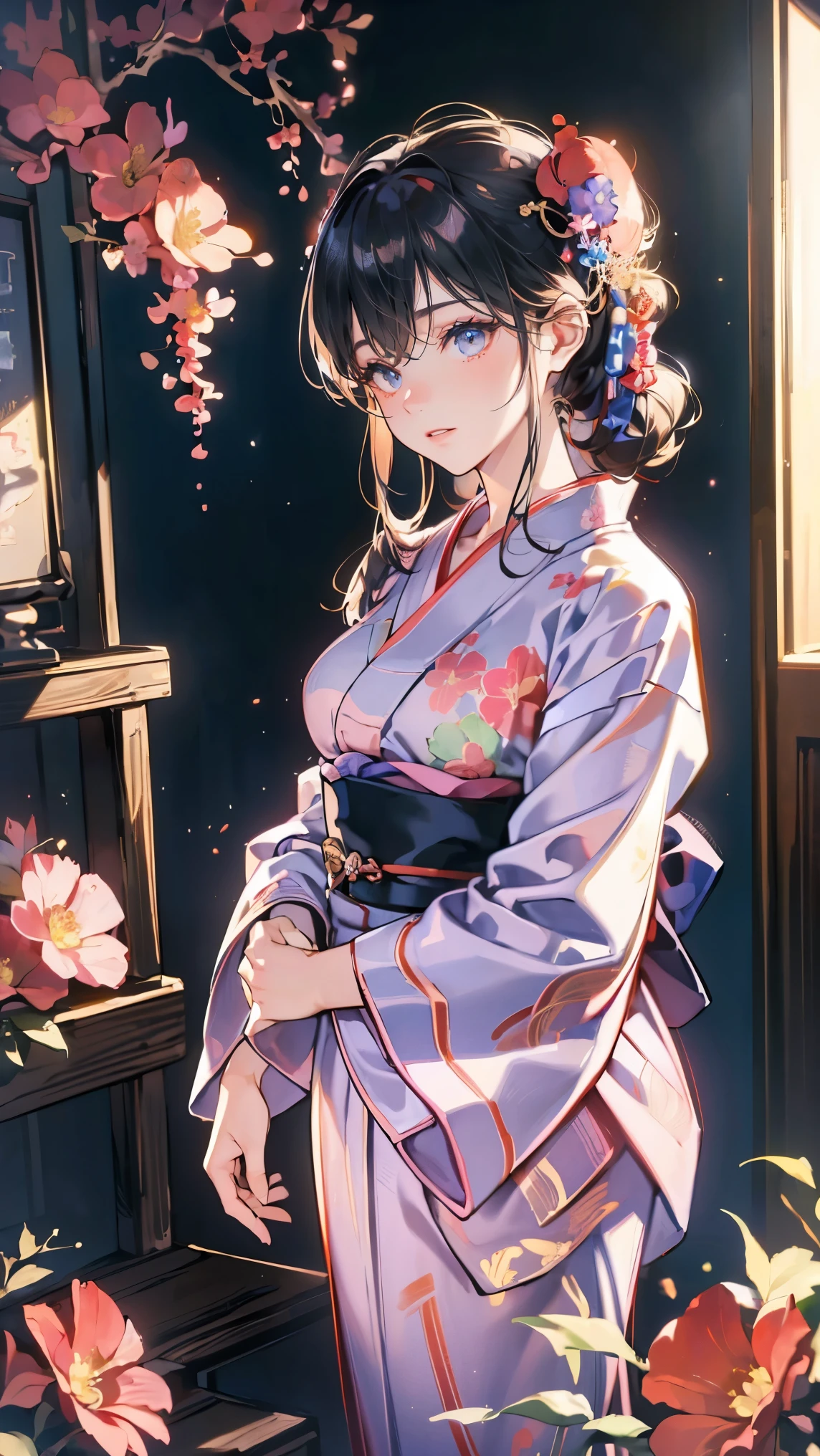 ( masterpiece : 1.2), ( very detailed: 1.2), ( very detailed CG: 1.2), ( high image quality : 1.2), (最 high image quality ), 8k, animated illustration , 、 beautiful girls 、 Japanese yukata/Japanese style yukata /Japanese style yukata 、 I hugged my floral yukata 、