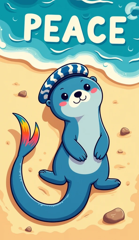 a blue sea otter, beret with a wavy pattern in the color of blue and white, thin long tail with a colorful tip that looks like a paint brush, adorable, mischievous smile, cartoon, on the sandy beach, giant "PEACE" written on the beach, top down view, the otter in one corner looking up