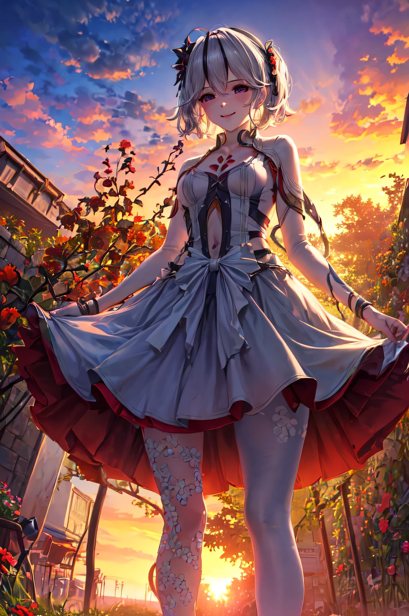 ((HDR , masterpiece , high quality , ultra details , best quality , best quality of face )) , standing , camellya , from below view , look at down , skirt , garden , sunset , red flowers , smile
