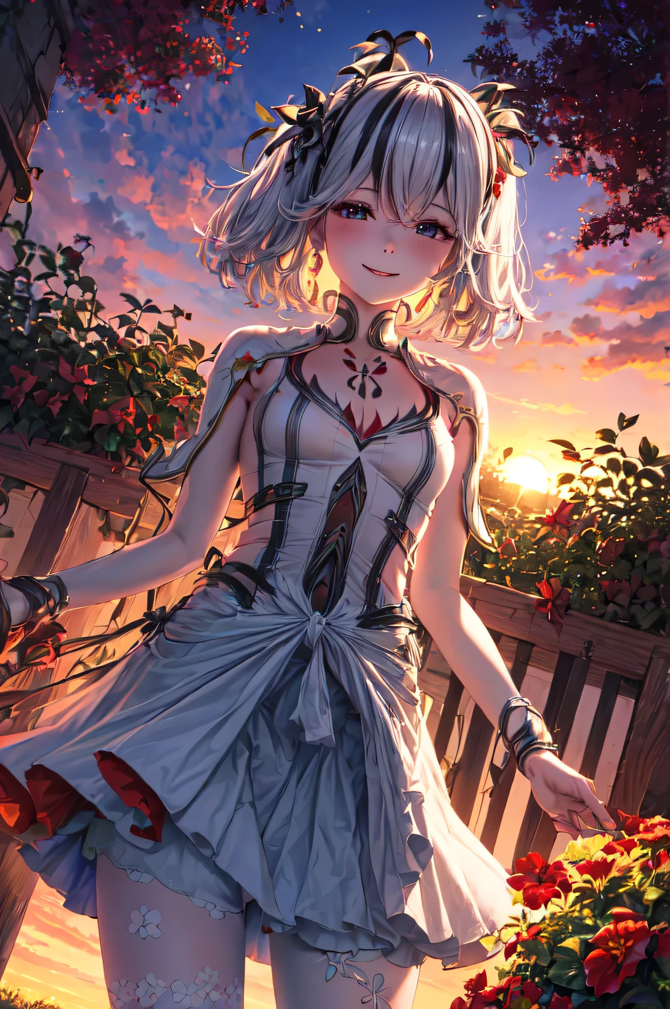 ((HDR , masterpiece , high quality , ultra details , best quality , real animated face )) , standing , camellya , from below view , look at down , skirt , garden , sunset , red flowers , smile
