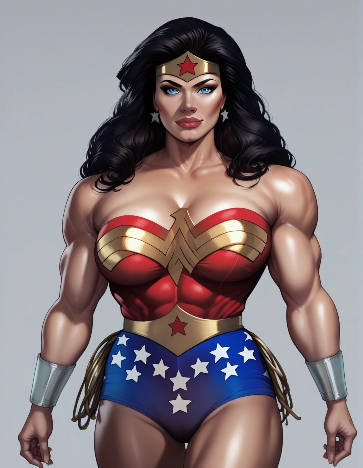    Cool and cool face   、       Wonder Woman costume  、      beautiful young woman   、18 years old、           Toned Muscles     、  Cool and charming        、  Sharp Eye、 Big Breasted   、