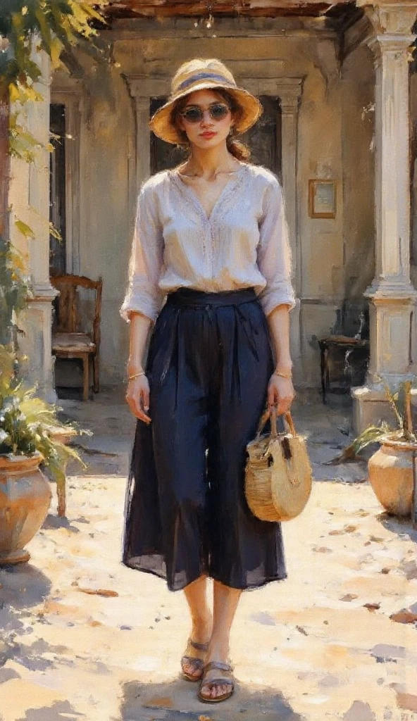 A highly detailed full-body fashion illustration of a young woman standing confidently in a sunlit summer village. She is dressed in a lightweight linen blouse in soft pastel lavender with delicate embroidery along the neckline, tucked into a sleek high-waisted pleated midi skirt in breezy navy chiffon. The outfit is paired with strappy leather sandals, a wide-brimmed straw hat adorned with a simple ribbon, and a woven rattan shoulder bag. She accessorizes with delicate gold bracelets and sunglasses with a vintage flair. The soft, warm sunlight highlights the airy textures of the fabrics while casting gentle shadows, accentuating her relaxed yet elegant demeanor and the vibrant summer backdrop.