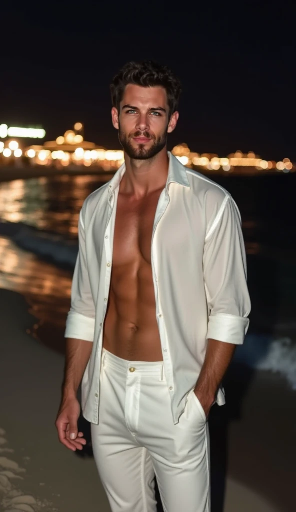 A white man, 35 years-old, model type, with short dark hair, with blue eyes, wearing a full shirt and boxers, standing backwards, looking at the camera and showing her ass in a lake in Alentejo at sunrise