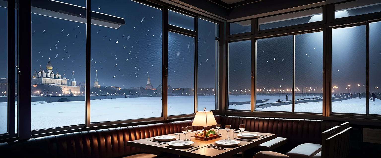 Square table 　 Russians are eating 　  Fine Dining　Is it snowing or piled up outside the window　Winter landscape　 big window　 night view　 Moscow　 indirect lighting　French cuisine in a dim interior　 Russians are sitting in the back seat 　 no one is sitting at the table in front　