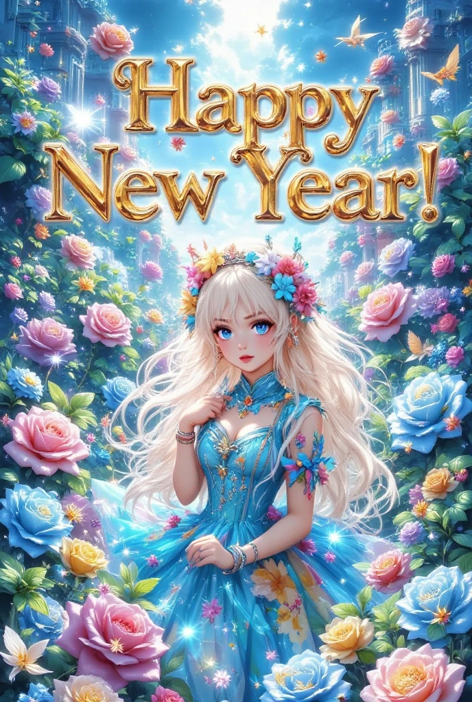 new year theme , "Happy New Year!" written in medium golden decorative letters in the center of the screen , bright, The bright image of a globe , surrounded by symbols of peace , Prosperity , and understanding. Gloe The bus should be filled with smiling faces from people from all walks of life, combined in harmony . The background should be soft , soothing blue , symbolizing hope and tranquility , represents my desire for peace , in which everyone feels safe , dear , and connectedness ,