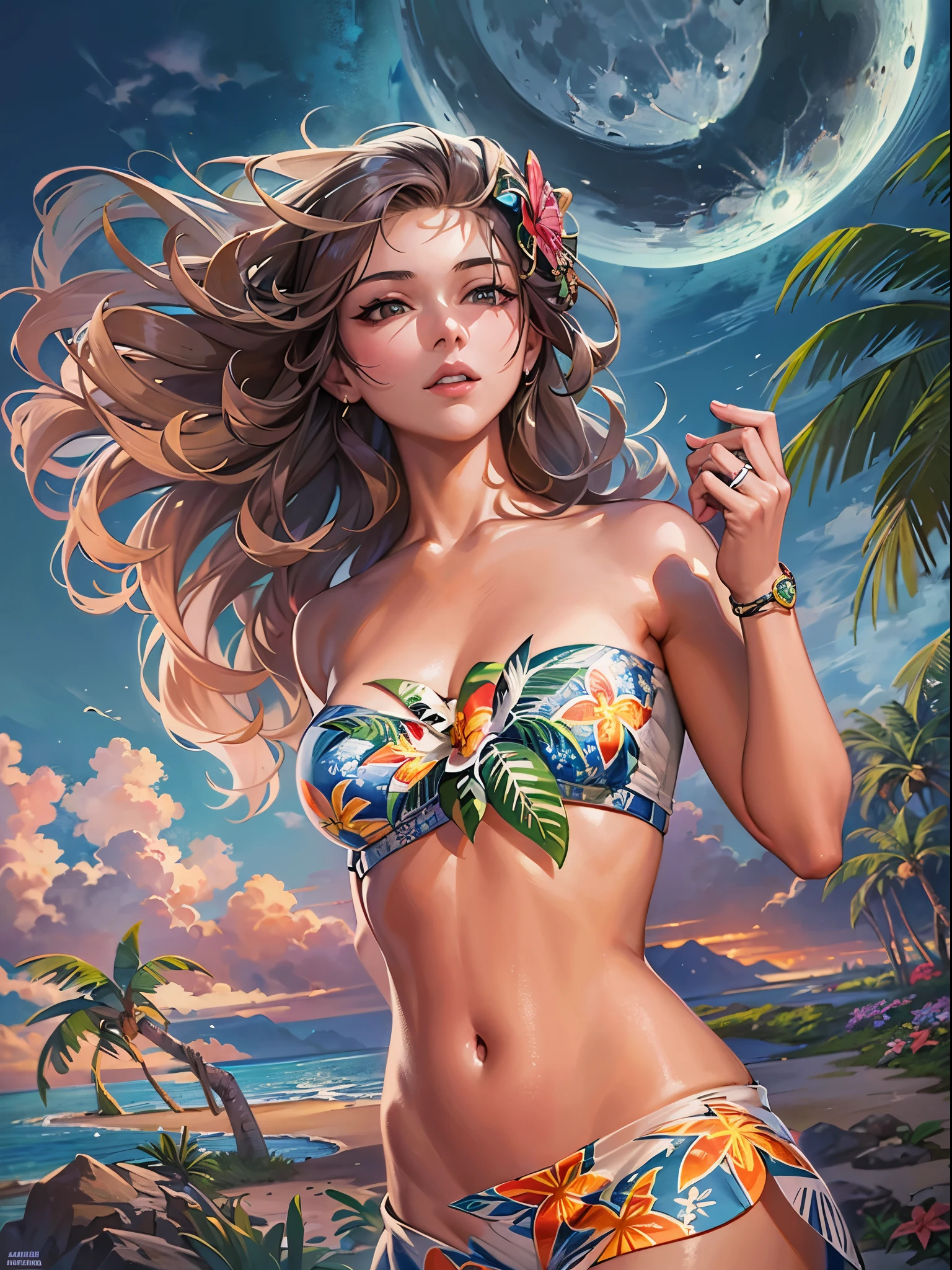 epic movie poster, volcano erupting, award winning (full body:1.3) portrait photo of a (moana:1.2), (seashell bikini:1.2), (water goddess:1.2), tribal tattoos, (wading:1.2) in the pacific (ocean:1.1), arms behind head, (partially submerged shot:1.2), (waves:0.9), desert island background, palm trees, beach,fluffy clouds in the sky, outrun, vaporware, trending on artstation, highly detailed, fine detail, intricate, (lens flare:0.9), (backlighting:0.9), (bloom:0.9), [Style-Micro::10]