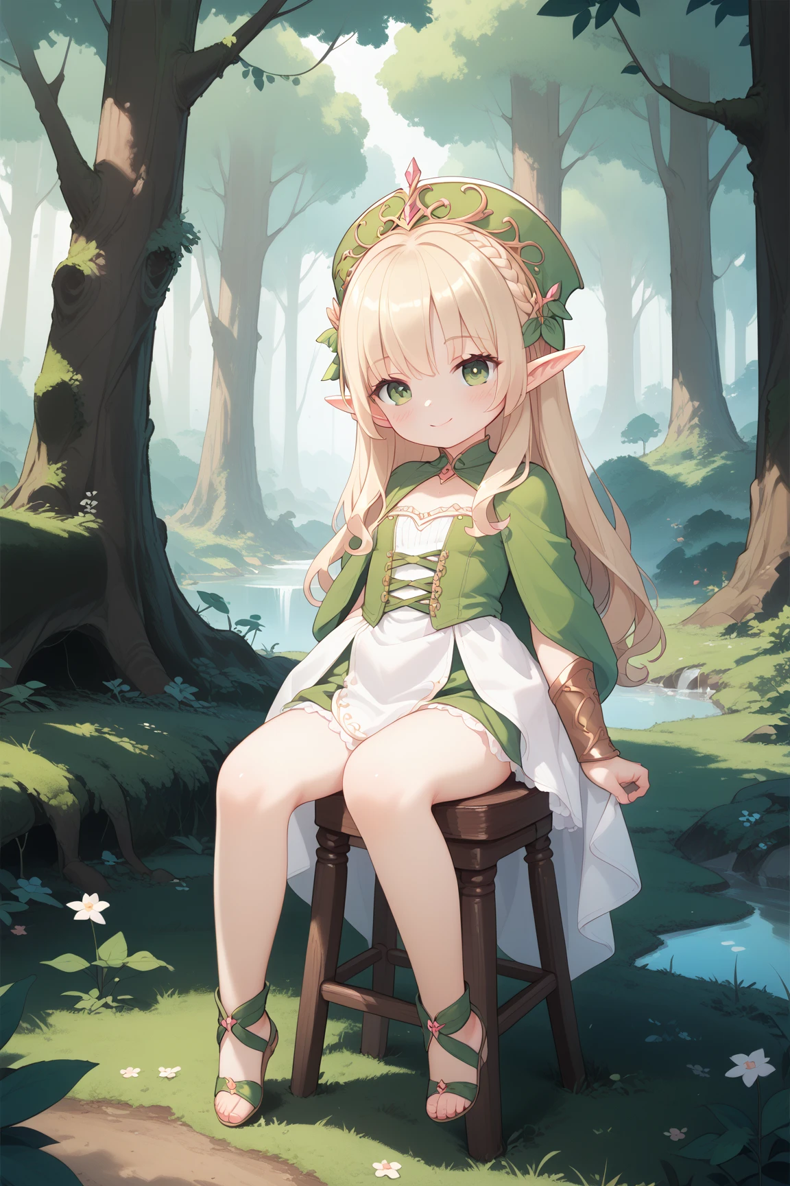 (masterpiece), 1girl, 120 yo elf, forest, sitting on big red mushrooms, white long hair, portrait, blurred background, tilt shift, matte painting, visually stunning, bokeh