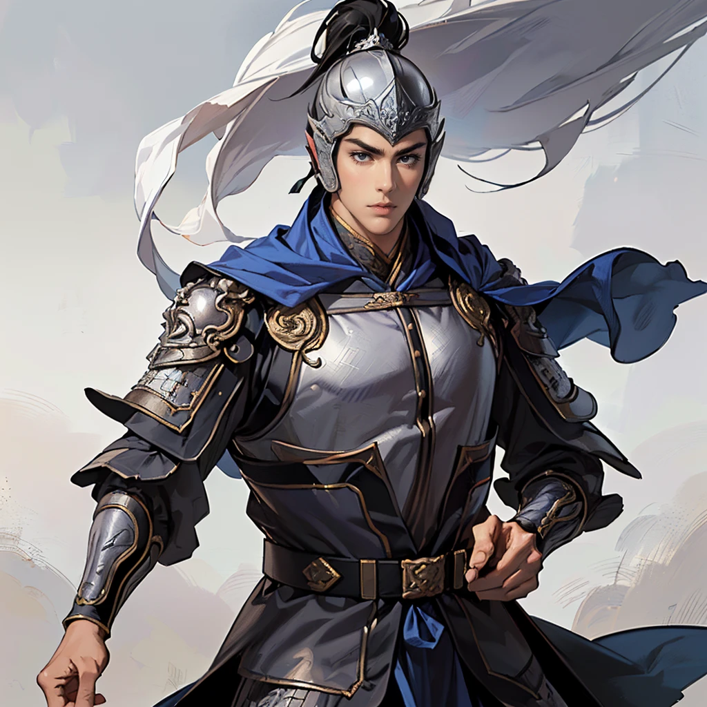 ( top quality ,4K,8k, high res,masterpiece:1.2),super detailed,(super fine illustration),((( A man in armor with a sword drawn in an anime-style illustration ))),20 years old,(handsome man:1.3, neutral face ),Heroes of the Three Kingdoms,Expression full of supremacy ,((Long black hair and droopy bangs :1.3)), detailed eyes :1.2, perfect eyes,(( Attractive Dark Eyes )),( well-trained body, thin macho),cinematic lighting, soft shadows,((Silver armor with designs leading up to detailed works of art :1.3, Deeply wearing an ancient Chinese silver helmet drawn in detail:1.3,1 purple cloak drawn in detail:1.3,dynamic pause:1.3, holding an ancient Chinese sword drawn in detail :1.3)),(( cowboy shot:1.2)),(( white background:1.3,simple background:1.2)),(( :1.3, depicted so as not to be visible from the tip of her head to above her knee :1.3))