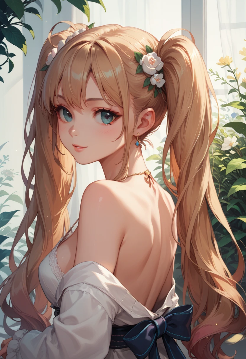 (masterpiece:1.2), (highest quality:1.2),, Curvy but slender body, perfect eyes, perfect face, perfect lighting, 1 girl, in the garden, （feet visible），（T-back），（China dress），（view from directly behind），（I can see your butt），（ponytail），curly hair, Fine clothes, Detailed outdoor background, compensate, eye shadow, thick eyelashes, fantasy, looking at the viewer, whole body，alice in wonderland、blue sky、Bright and very beautiful face、young shiny glossy white shiny skin、the best beauty、The most beautiful bright blonde hair in the world、thin hair、long hair、Shining beautiful bangs、Glowing crystal clear big blue eyes、Very beautiful lovely 17 year old most beautiful girl in the world、small breasts