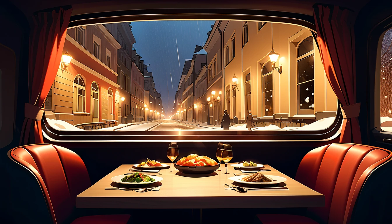 Square table 　 Russians are eating 　  Fine Dining　Is it snowing or piled up outside the window　Winter landscape　 big window　 night view　 Moscow　 indirect lighting　French cuisine in a dim interior　 Russians are sitting in the back seat 　 no one is sitting at the table in front　