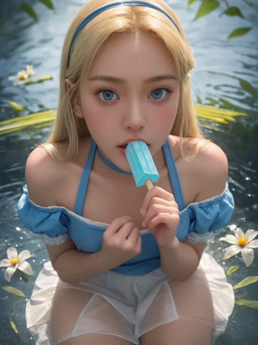 hand holding popsicle stick, wood stick in popsickle, popsicle_licking, tongue, popsicle, licking popsicle, tongue, summer, outside, black background, (cute, silly and aroused woman),(23 years old female:0.9), (18 years old female:0.6), suggestive pose and sexy expression. blonde hair, super huge black witch hat with purple, white shortsleeved shirt with a cute purple bow, blue eyes, rubbing chin, thinking, full body, black background, zoomed out, body in frame, hat in frame