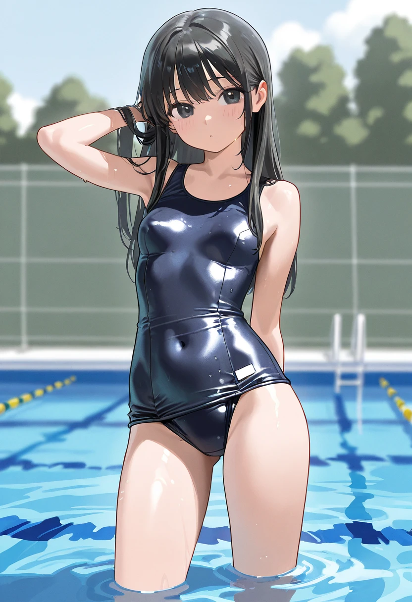  school swimsuit, bluish black hair ,  Female ************* Student,Pool, 
The shape of the nipple is visible on the swimsuit, 