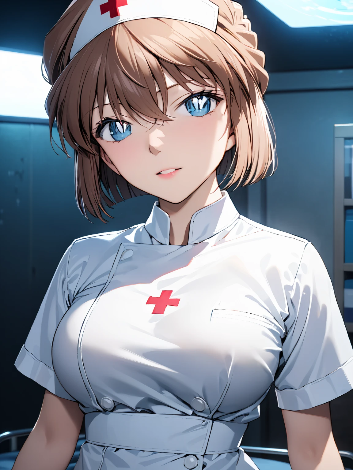 (Haibara Ai),  brown hair, nurse,  high school girl, Night sea,  cowboy shot , masterpiece:1.5, masterpiece, highest quality, UHD, retina, masterpiece, accurate anatomy, super detailed, high quality, best quality, 8k