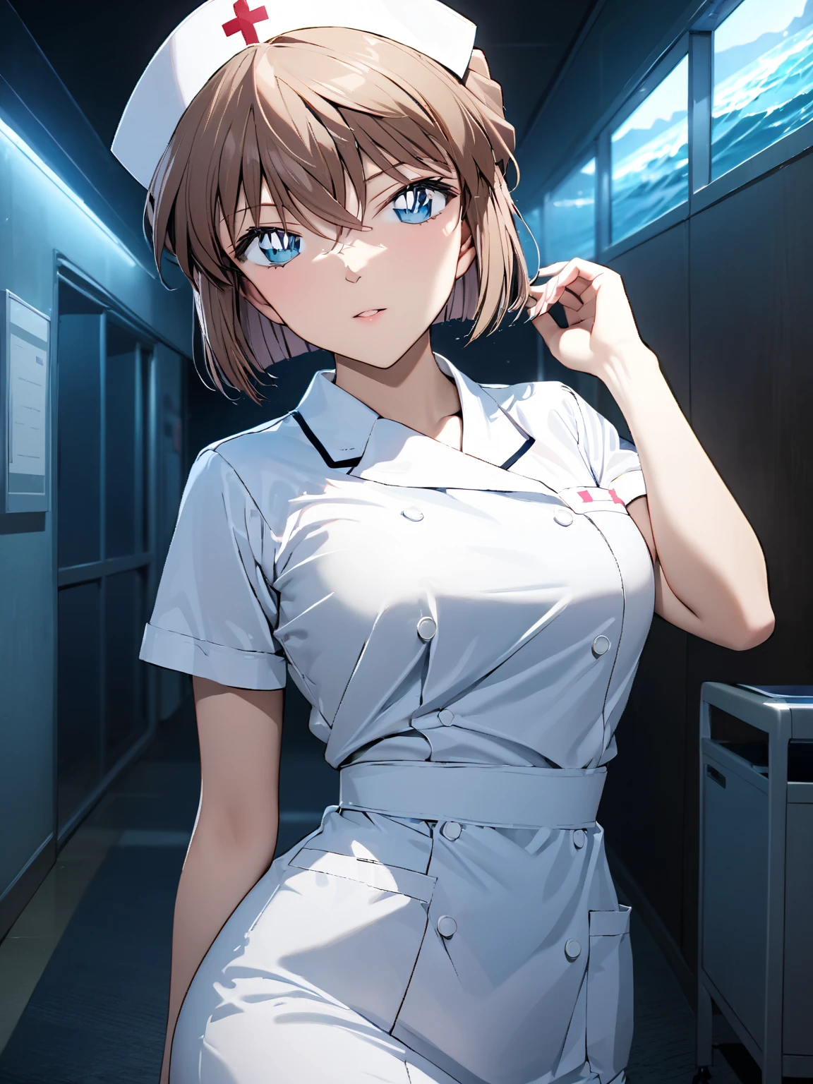 (Haibara Ai),  brown hair, nurse,  high school girl, Night sea,  cowboy shot , masterpiece:1.5, masterpiece, highest quality, UHD, retina, masterpiece, accurate anatomy, super detailed, high quality, best quality, 8k