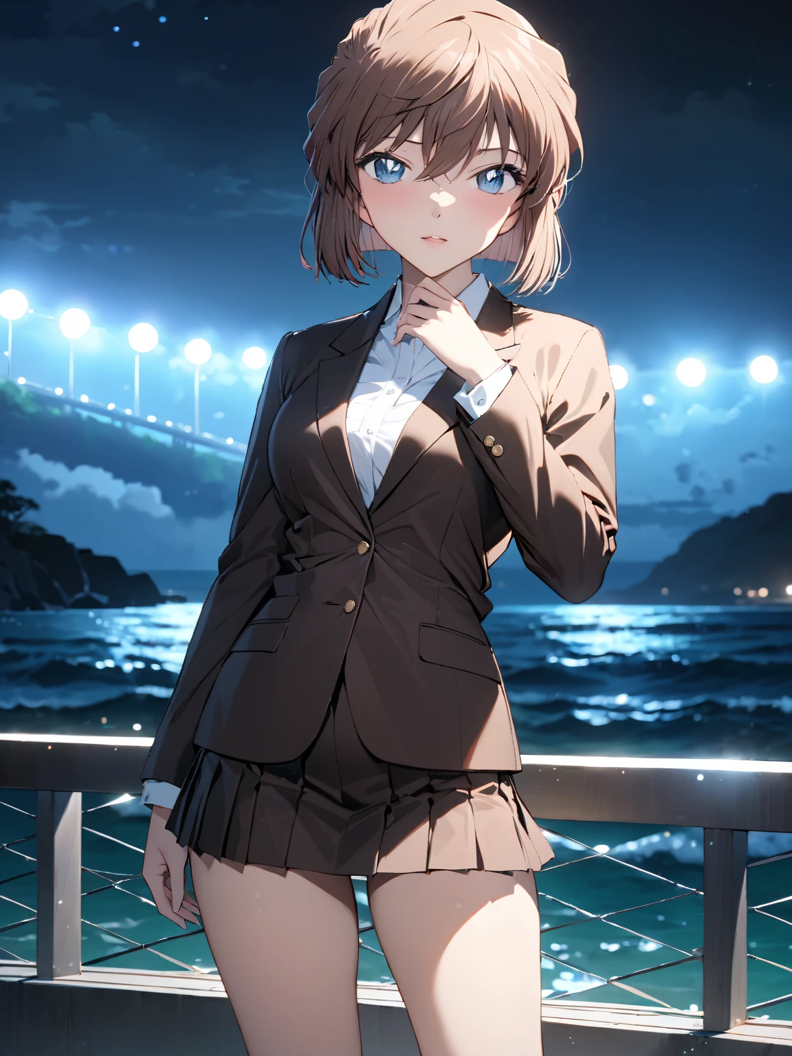 (Haibara Ai),  brown hair, White,  high school girl, Night sea,  cowboy shot , masterpiece:1.5, masterpiece, highest quality, UHD, retina, masterpiece, accurate anatomy, super detailed, high quality, best quality, 8k