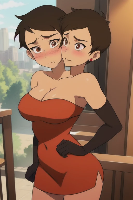 masterpiece, best quality, two-headed mawsLoisLane, 1girl, solo, black hair, short hair, brown hair, upper body, (red dress), (two heads, conjoined_dicephalus), (strapless dress, elbow gloves, cleavage, bare back), (detailed landscape, bar:1.2), (background), (dynamic_angle:1.2), (dynamic_pose:1.2), (rule of third_composition:1.3), (cheeks rubbing together), (kissing:1.3), closed mouth,cowboy shot,earrings, sunlight, (confused, scared, blushing), (thin petit body)