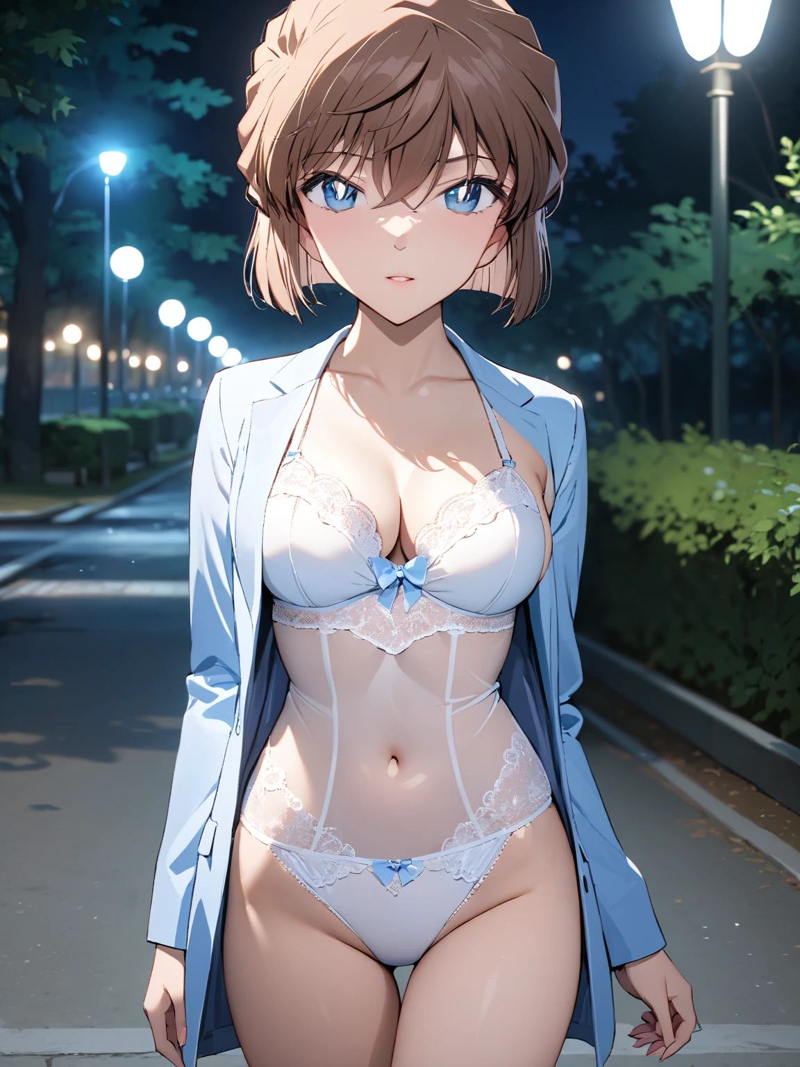 Realistis， 1girll， parted lip， Blushlush， putting makeup on， slim， Perfect body， Light smile，bedroom background ， wetclothes， with light glowing， upper legs， eBlue eyes， exposed bare shoulders， 鎖骨， a narrow waist， rays of sunshine， rays of sunshine， rosette， ventania，， （tmasterpiece）， sweat leggs，1个Giant Breast Girl, Brown hair,short detailed hair,eBlue eyes,full bodyesbian,Lying on the bed wearing a white dress, opened clothes, sexy gown, V-chest clothes, translucent cleavage dress, sexy dress, translucent silky dress, low cut dress, Light half-open dress, Tall and thin beautiful goddess, in pajamas, White dress, A flowing dress, sexy for :8, sheerness, pyjamas, very ethereal, pale robe(tmasterpiece, Best quality at best, high qulity, A high resolution, ultra - detailed)