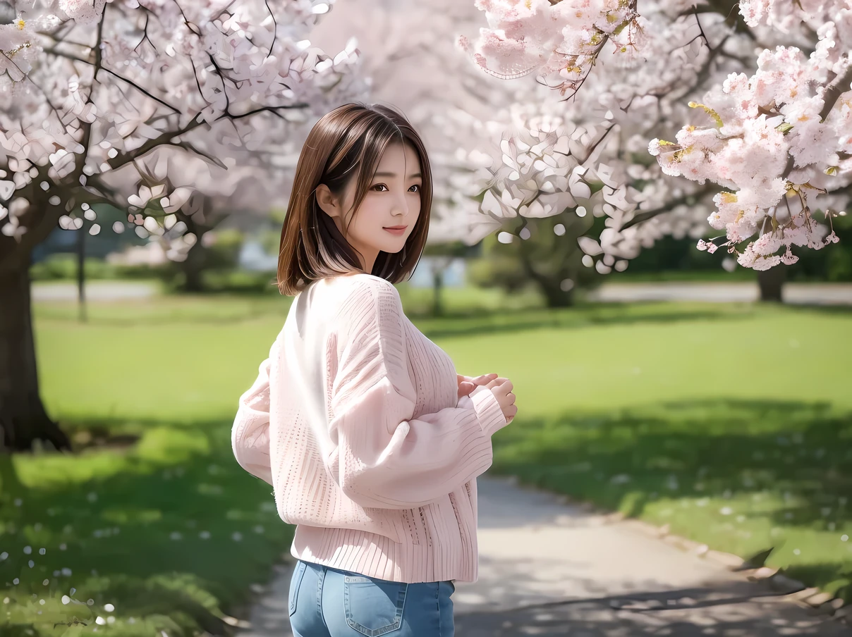 ((best quality)), ((masterpiece)), (detailed), perfect face, (best quality), (detailed skin:1.3), (intricate details), A young woman stands beside a blooming plum tree in full blossom. She is dressed casually, wearing a light sweater and jeans, with a relaxed and natural posture. Her hair is shoulder-length and gently tousled by the breeze. The background features a tranquil park setting with soft sunlight filtering through the trees. The pink and white plum blossoms create a vibrant contrast against the greenery, adding a serene and cheerful atmosphere to the scene