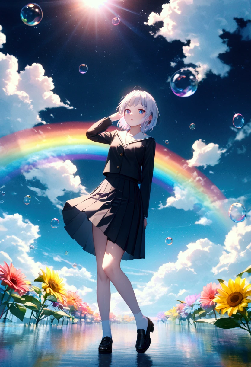 (woman\(student, 20 years old, ＪＫ, Her short silver hair sways, Space-colored eyes, Black school uniform,  blue-white skin)  looks up at the sky), ( large glass-colored whale is swimming through the air), Beautiful sky,  Beautiful Clouds ,  colorful summer flowers blooming ., ( transparent bubbles shining like a rainbow here and there), There is a noon moon in the sky and a daytime star , It's a crowded downtown , break ,quality\(8k,非常に精細なCGユニットの wallpaper, masterpiece, high res,top-quality,top-quality real texture skin, surreal, increase resolution , RAW photos,最高quality, very detailed, wallpaper,Cinema Lighting, ray tracing ,Golden Ratio\),(Long Hit), wide shot,womanの足元には美しく光輝く七色の蝶が舞っている