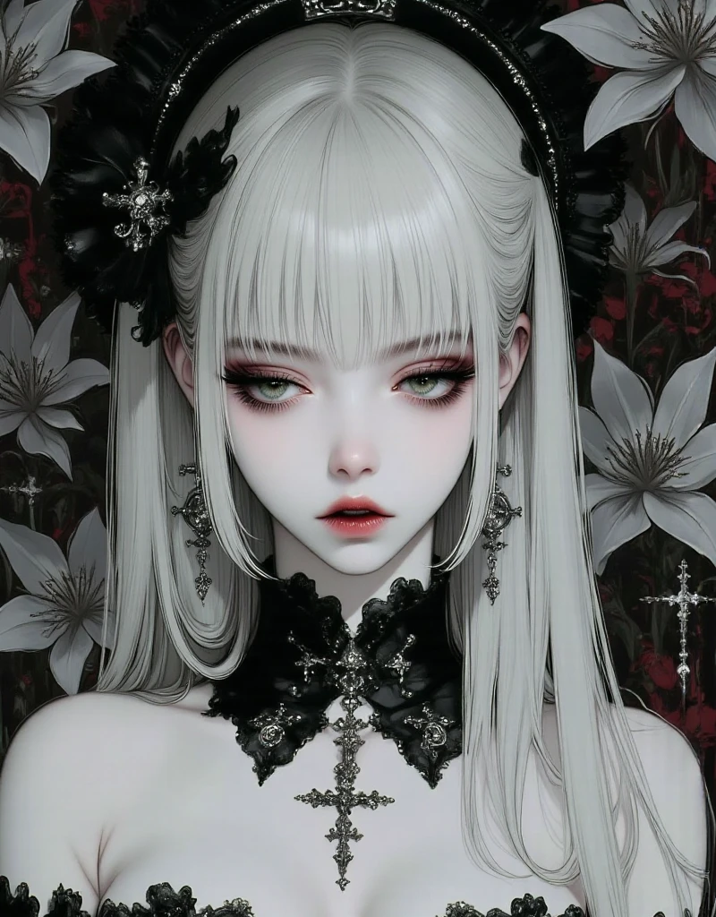 A vampiress showing her fangs, silver hair, deep blue eyes, serious sharp features, pale skin, black shiny lips, dark flowers