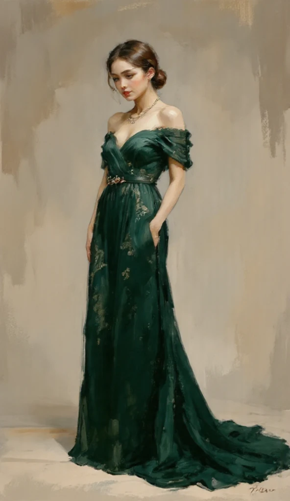 A highly detailed full-body fashion illustration of a confident young woman standing in a neutral, clean, and professional studio setting. She is wearing an elegant emerald green evening gown, featuring intricate floral patterns embroidered with shimmering threads, and a long, flowing train that pools gracefully around her. The gown has a flattering silhouette with an off-shoulder neckline and subtle pleats that add depth and texture. She is accessorized with sparkling diamond jewelry, including a necklace, earrings, and a bracelet, adding a touch of opulence to her appearance. The soft, even lighting enhances the rich textures and details of the fabric, emphasizing the luxurious design of the outfit. The minimal, clean background ensures the focus remains entirely on the outfit and the character design, creating a photorealistic and cinematic composition ideal for a high-fashion portfolio.






