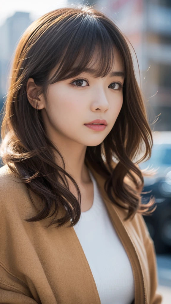 ((top-quality, in 8K, masterpiece:1.3)), Beautiful Japanese woman, perfect body:1.4, Slim abs:1.2, ((Medium Hair, straight haired:1.2)), (turtle neck:1.1), (a street:1.2), wetbody:1.5, Three-dimensional texture, A detailed eye, Brown hair, Very shiny hair, posterior view