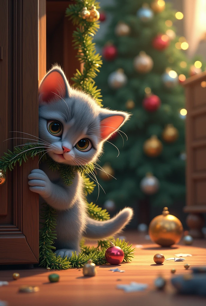 , the gray kitten got entangled in a sparkling garland and climbed into the closet, against the background of a fallen Christmas tree and ren watching what is happening