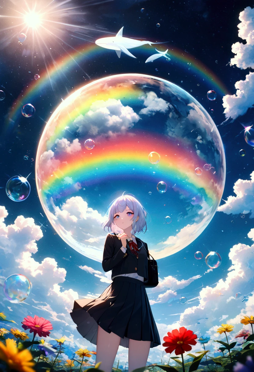 (woman\(student, 20 years old, ＪＫ, Her short silver hair sways, Space-colored eyes, Black school uniform,  blue-white skin)  looks up at the sky), ( large glass-colored whale is swimming through the air), Beautiful sky,  Beautiful Clouds ,  colorful summer flowers blooming ., ( transparent bubbles shining like a rainbow here and there), There is a noon moon in the sky and a daytime star , It's a crowded downtown , break ,quality\(8k,非常に精細なCGユニットの wallpaper, masterpiece, high res,top-quality,top-quality real texture skin, surreal, increase resolution , RAW photos,最高quality, very detailed, wallpaper,Cinema Lighting, ray tracing ,Golden Ratio\),(Long Hit), wide shot,。