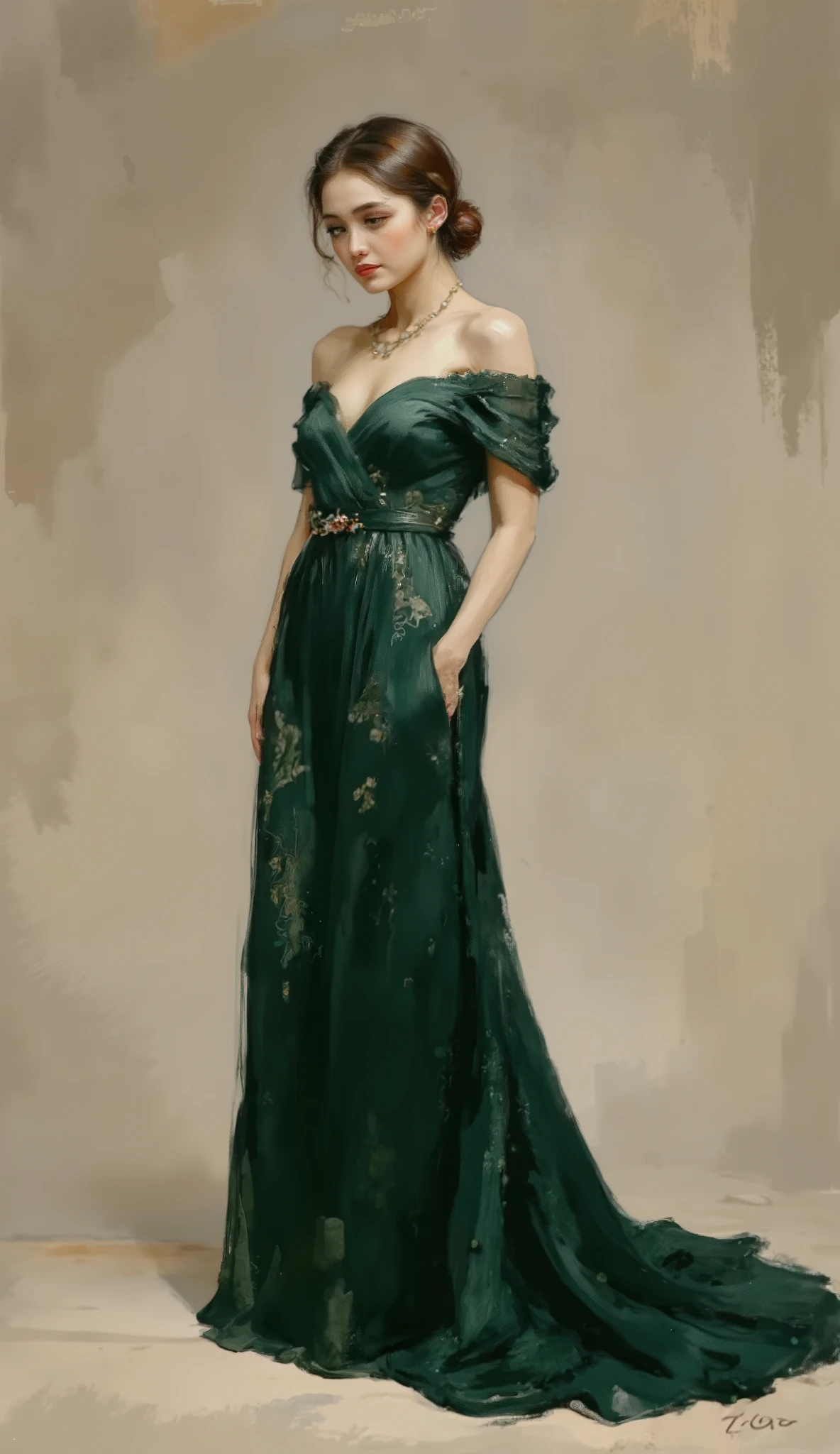 A highly detailed full-body fashion illustration of a confident young woman standing in a neutral, clean, and professional studio setting. She is wearing an elegant emerald green evening gown, featuring intricate floral patterns embroidered with shimmering threads, and a long, flowing train that pools gracefully around her. The gown has a flattering silhouette with an off-shoulder neckline and subtle pleats that add depth and texture. She is accessorized with sparkling diamond jewelry, including a necklace, earrings, and a bracelet, adding a touch of opulence to her appearance. The soft, even lighting enhances the rich textures and details of the fabric, emphasizing the luxurious design of the outfit. The minimal, clean background ensures the focus remains entirely on the outfit and the character design, creating a photorealistic and cinematic composition ideal for a high-fashion portfolio.






