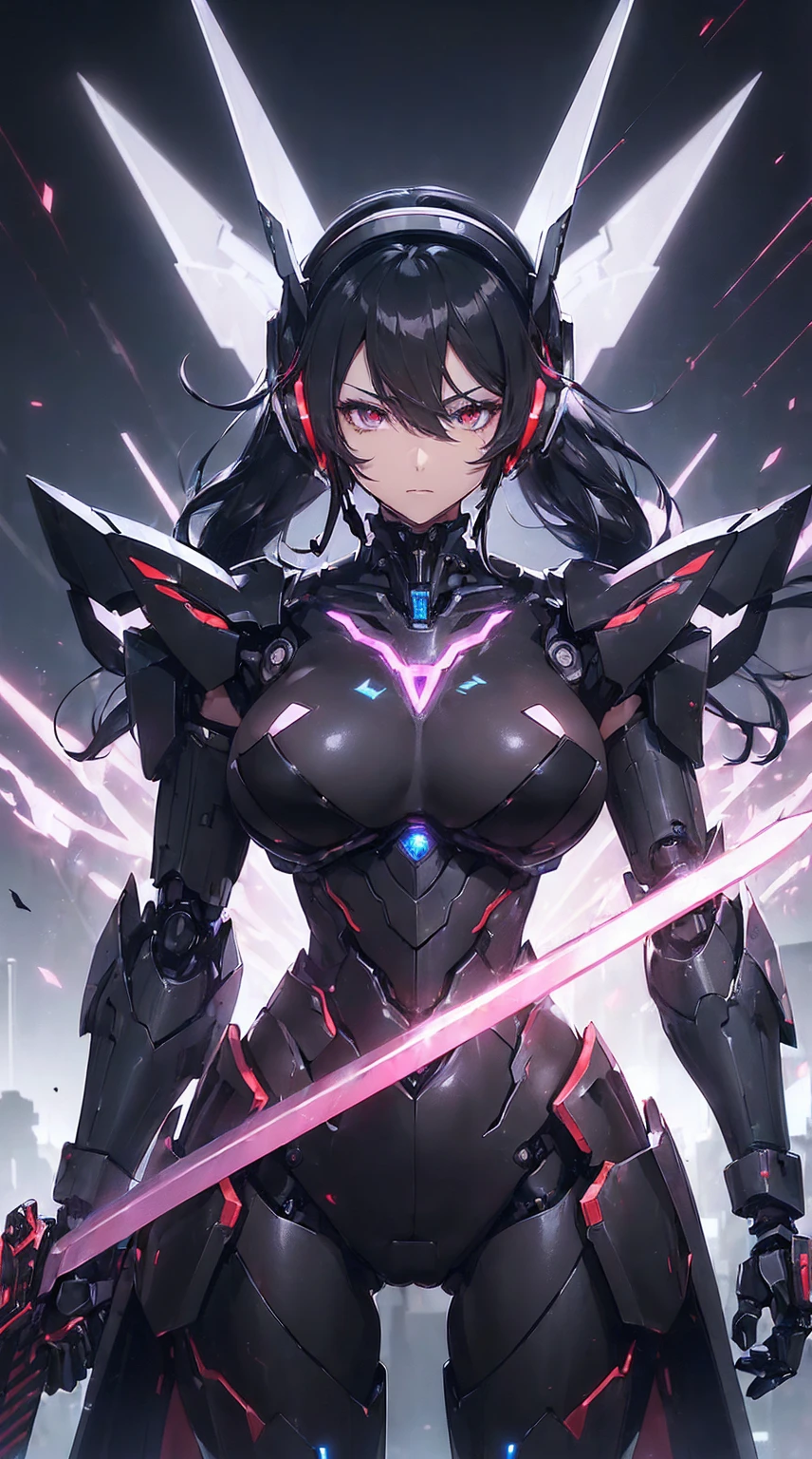 ((Shining lenses on both breasts:1.3))、((Pillars of red light radiate from both chests..:1.3))、((Attack pose:1.6))、((He has a red sword and a long rifle:1.6))、((Battle Scenes:1.8))、((8k)), ((32k)), ((Highest quality)), ((masterpiece)), ((超A high resolution)), ((Tmasterpiece)), ((halo:1.4))、((Mechaニカルheadgear:1.2))、((Cyber headphones:1.3))Fine skin, High quality fabric, High-quality metal texture、((Beautiful and dense face))、RAW Photos、Professional, Ultra-fine painting, ((alone)), Beautiful breasts、Highest quality, Very detailed, Very detailed詳細, Finer details, so beautiful, ((Black Knight Robot:1.2)), (Joint of the machine, Mechanical Limbs:1.3), (The internal structure of the machine is exposed:1.3), (Long black hair:1.1), (Beautiful and huge mechanical breasts)、White Veil, cowboy_shot, Side Focus, headgear, Shiny、(Five Fingers, Four fingers and thumb),Concept Art, Anime fantasy artwork, Detailed fantasy art, (Has light blue-purple hair and black wings,,,,,,), (((Long black hair))), (Mecha:1.6)、Sleek and intimidating design, (Jet black perfect robot body)、Jet black and reddish purple arms, Symmetrical wings, 8K High Resolution, Detailed Art, 3D rendering of character art in 8K, neat legs, Defined, Defined fingers,((headshot:1.6))
