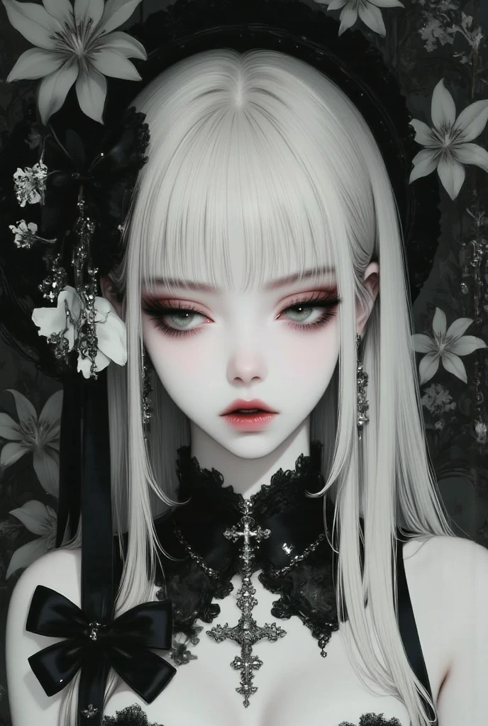 A vampiress showing her fangs, silver hair, deep blue eyes, serious sharp features, pale skin, black shiny lips, dark flowers, (no crosses nor religious symbols) 