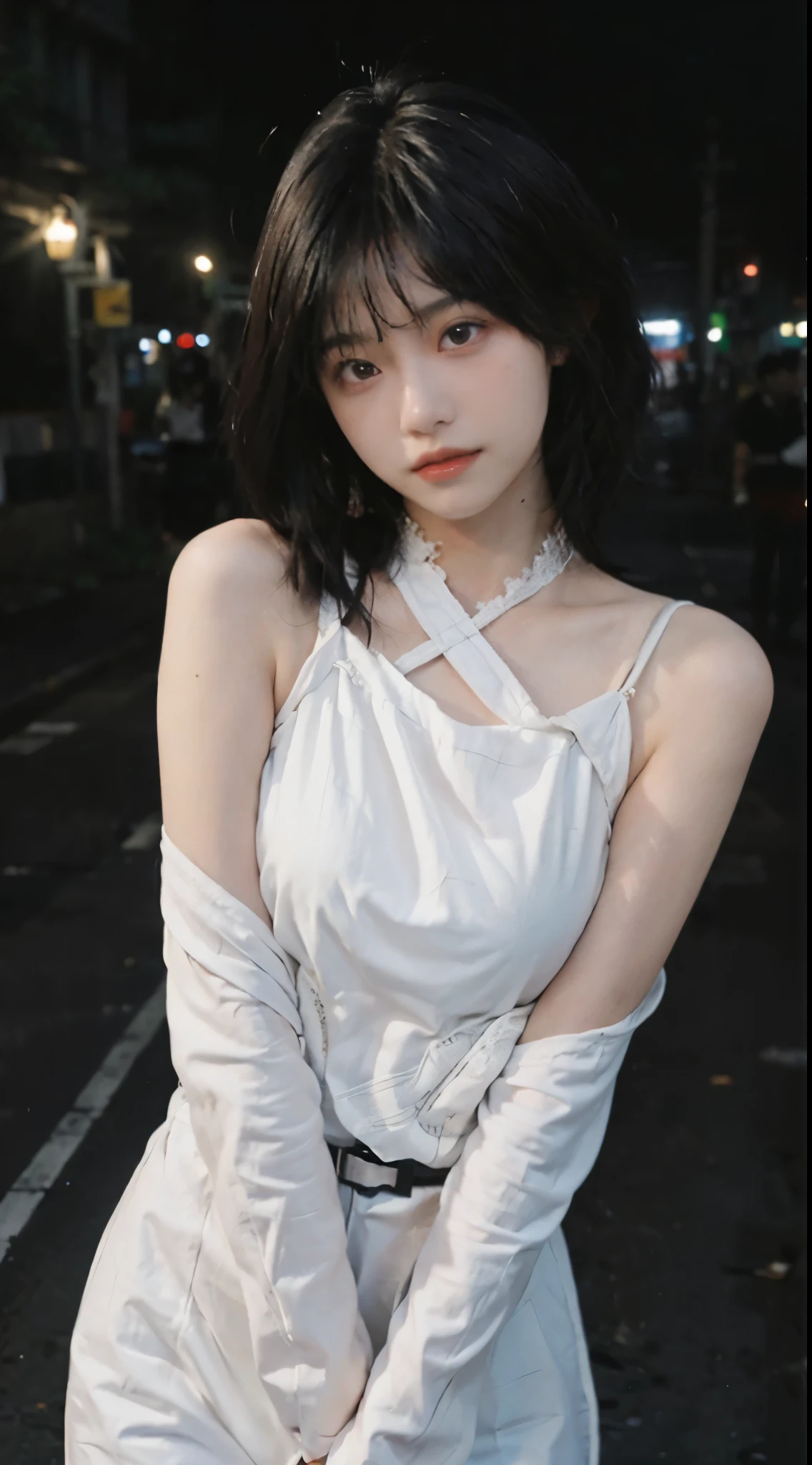 You are a professional photographer。 , short hair blown by the wind. She has a faint smile , Street fashion、Bold Valley、hot pants、Perfect Eyes, Perfect hands, Perfect body, Perfect Hair, Accurate身体, masterpiece, Accurate, Anatomically correct, Very detailed, Advanced Details, high quality, 最high quality, High resolution, 16K, 8K, Looking into the camera,Bold dresses、Thighs