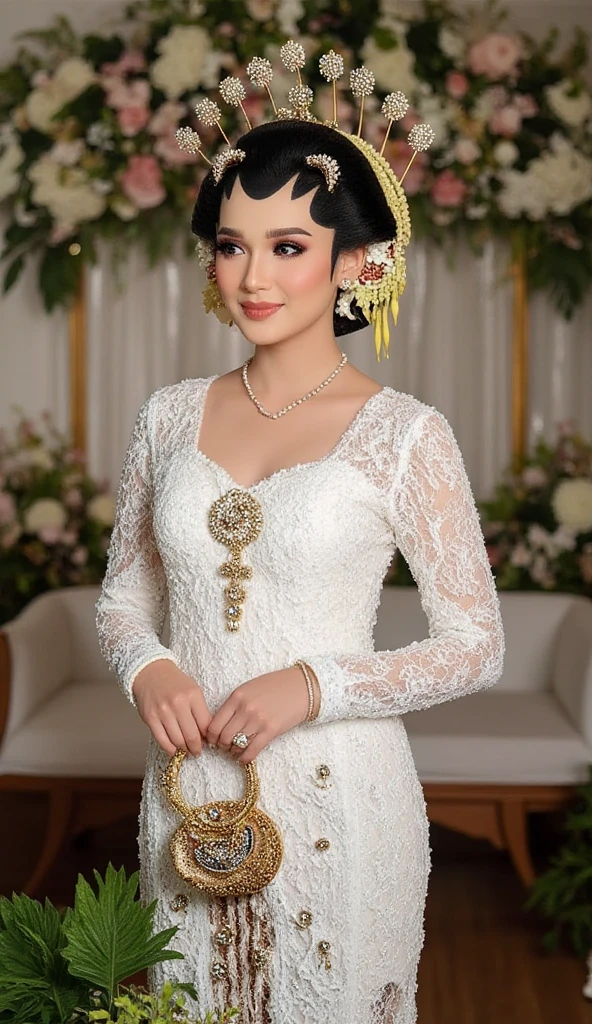 (masterpiece, best quality:1.2),Hyperrealistic photo, high resolution, ultra HD 16k image quality, image details show a beautiful Indonesian woman with, the woman hijab is neatly arranged in a Javanese bun with a crown ornament of small jewelry towering upwards with intricate and luxurious motifs, a charming face with professional make-up, the woman has glamorous white skin combined with a traditional Javanese kebaya in white with gold embroidery in intricate motifs, wearing brown and white batik cloth bottoms and luxurious heels with matching colors, the image contrast ratio is 7: 1 combined with a background of a luxurious decoration of a wedding stage with flower decorations, green leaves and small colorful lights, the woman stands gracefully towards the camera with a smiling facial expression, holding a small luxurious bag, in front of her is a green leafy flower decoration on a growing white floor, the image shows the whole thing with the effect of expanding the camera, very detailed, a bright, bright and perfect color combination. the handsome man, wears a white beskap shirt, a batik patterned sarong, a bendo cap, sheathed dagger 