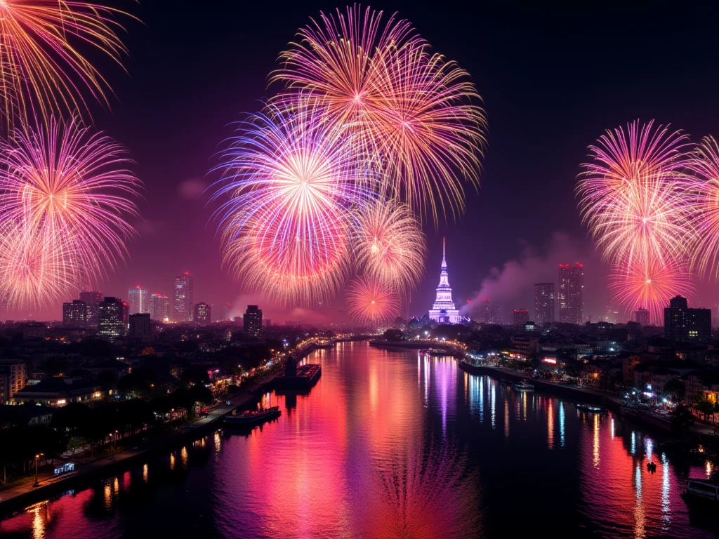 (masterpiece: 1.3), (8k, photorealistic, RAW photo, best quality: 1.4), ((a spectacular display of colorful fireworks over bangkok skyline and chao phraya river, thailand)), wat arun temple, ((happy new year 2025)), camera angle from top