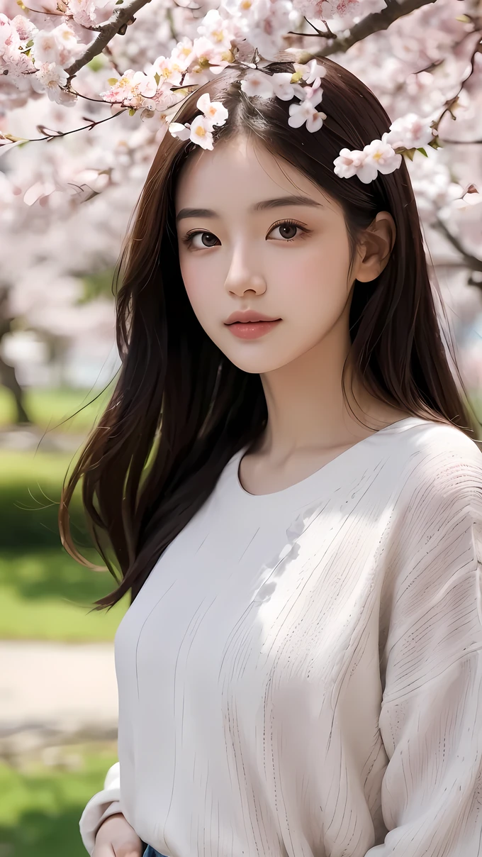 ((best quality)), ((masterpiece)), (detailed), perfect face, (best quality), (detailed skin:1.3), (intricate details), A young woman stands beside a blooming plum tree in full blossom. She is dressed casually, wearing a light sweater and jeans, with a relaxed and natural posture. Her hair is shoulder-length and gently tousled by the breeze. The background features a tranquil park setting with soft sunlight filtering through the trees. The pink and white plum blossoms create a vibrant contrast against the greenery, adding a serene and cheerful atmosphere to the scene