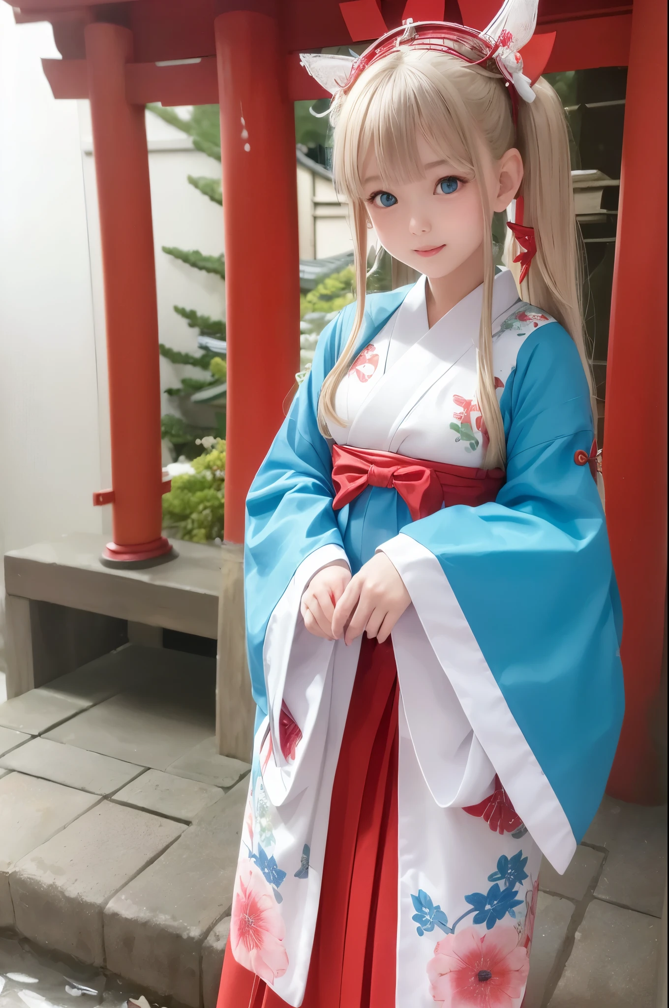 ((masterpiece)), ((highest quality、Ultra high definition)), (Very detailed),8k、Photo quality、((Amazingly cute girl))ld girl)), (Beautiful emerald blue eyes), ((smile)),A snowy night, Beautifully arranged blond hair in twin tails、whole body、(( Colorful Shrine Maiden Outfit ))、(( Japanese Kimono Shrine Maiden Costume ))、Professional Lighting、(White lace knee-highore detailed and beautiful)、(More details and cutenesore realistic)、(Random Shot)、((Japanese shrine grounds))、((Shrine's First Visit ))、((( Pretty Shrine Maiden Costume)))、