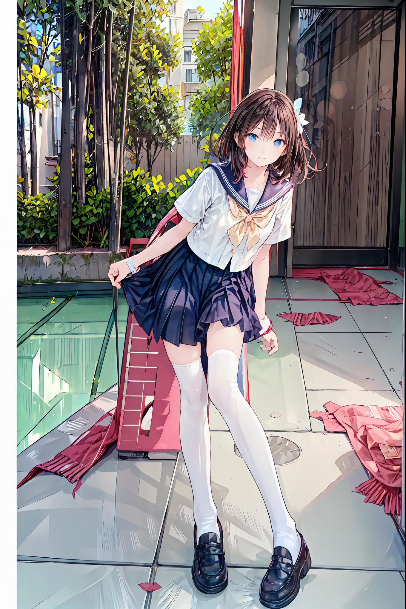 (( top quality )), ( very detailed), ( High Leg Cut ), 高いly detailed, 高い-definition raw colbor photos, professional photoshoot, written border depth,, Deep rim , brown hair, shortcuts, messy hair, slender beauty 、Positive Attitude, small breasts, Beautiful Legs, Her enchanting gray-blue eyes shine like stars..,(masterpiece:2.0), ( Top Quality :2.0), (Side View:1.5), ( sexy pose:1.5), ( red face:1.3), ( realistic:1.5), 1 , Precision small handle, embarrassing expression , smile, Very nice girl, innocent face, Young Face, Clear Eyes, 輝く瞳, Small box, Beautiful skin, super resolution , Highest Resolution , Japanese High Student , blazer uniform, (( the above:1.2)), brown hair, shortcuts, tousled hair , short braided hair,Neat, beautiful slender woman ,Correct posture, small breasts, Beautiful Legs, Seductive Gray-Blue Eyes Shine Like Stars,Droopy eyes, brightly colored , beautiful eyes,繊細なsmile, Textured Skin, BEST QUALITY BEST , A Parody of a Gentle and Beautiful Woman , anime style 、